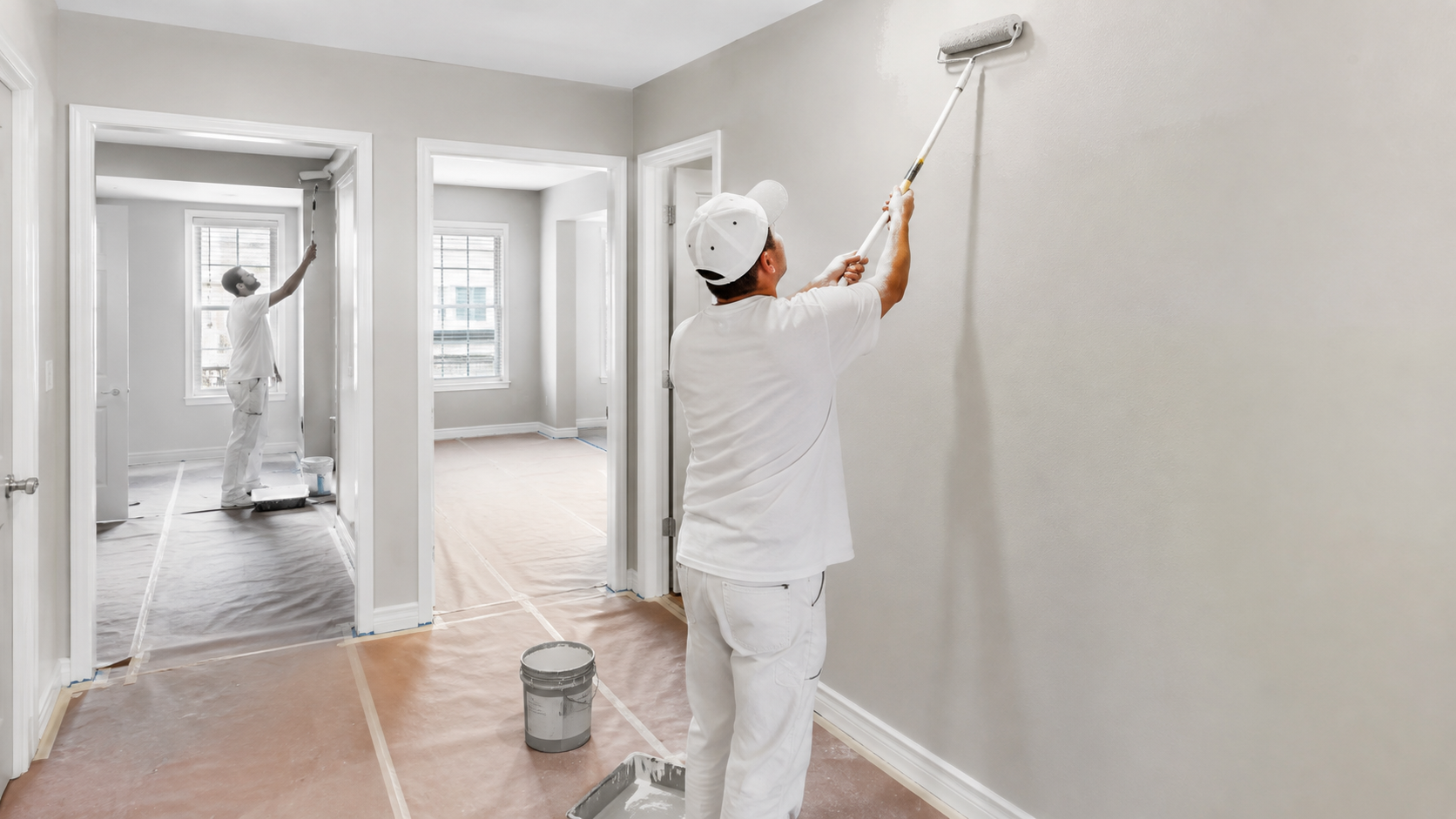 Professional painters repainting a bright apartment interior