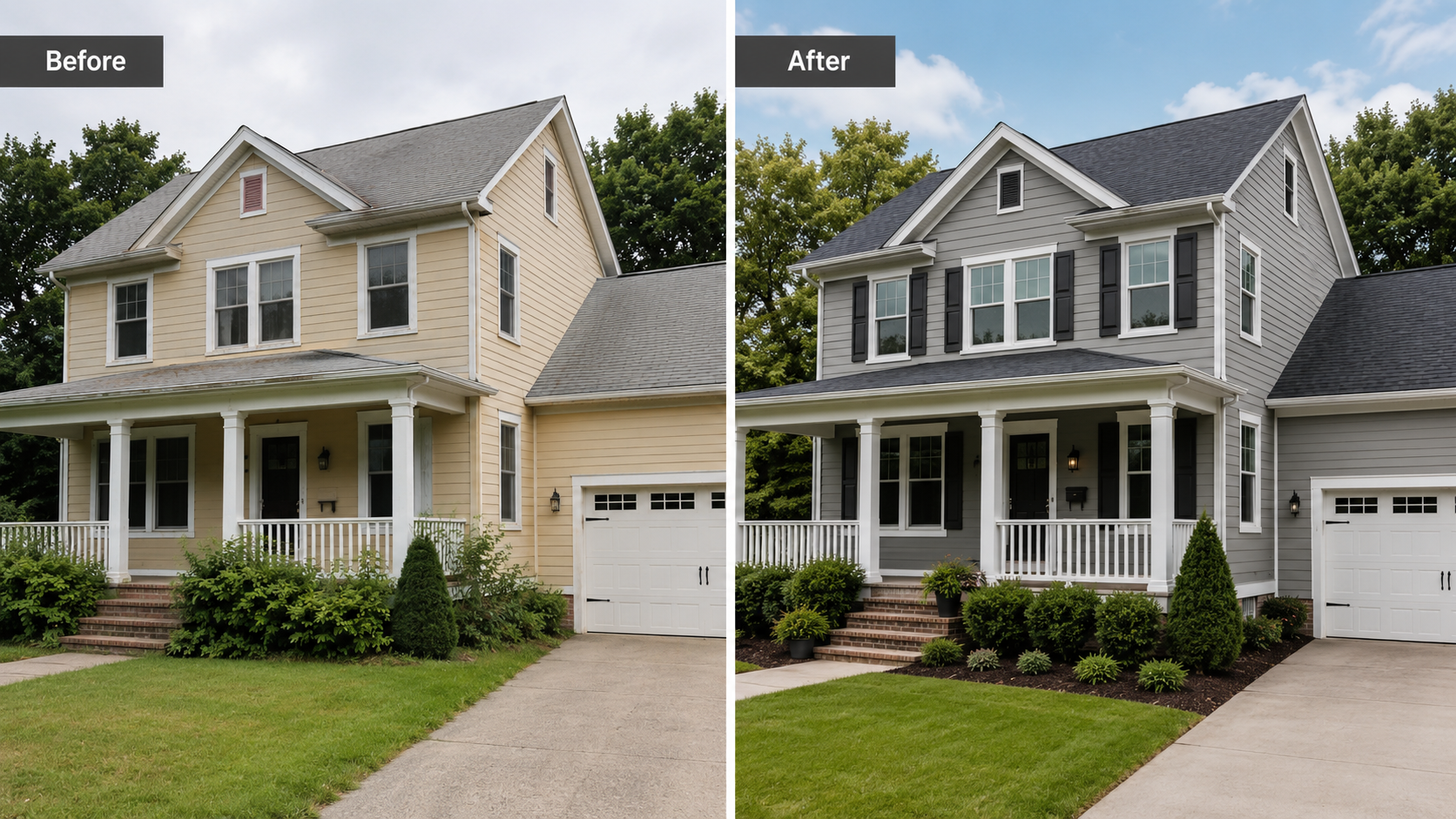Exterior before and after painting comparison