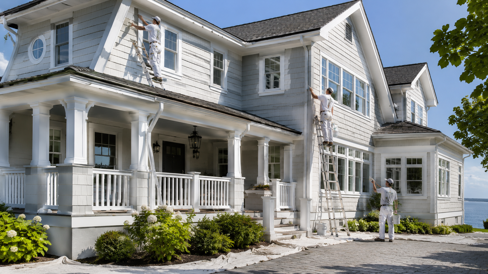 Professional painters working on a coastal-style home exterior
